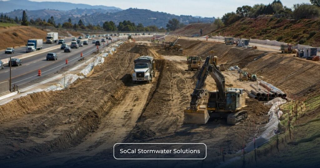California highway construction within a Caltrans right-of-way showing earthmoving operations, disturbed soil areas, and erosion control BMPs for stormwater compliance.