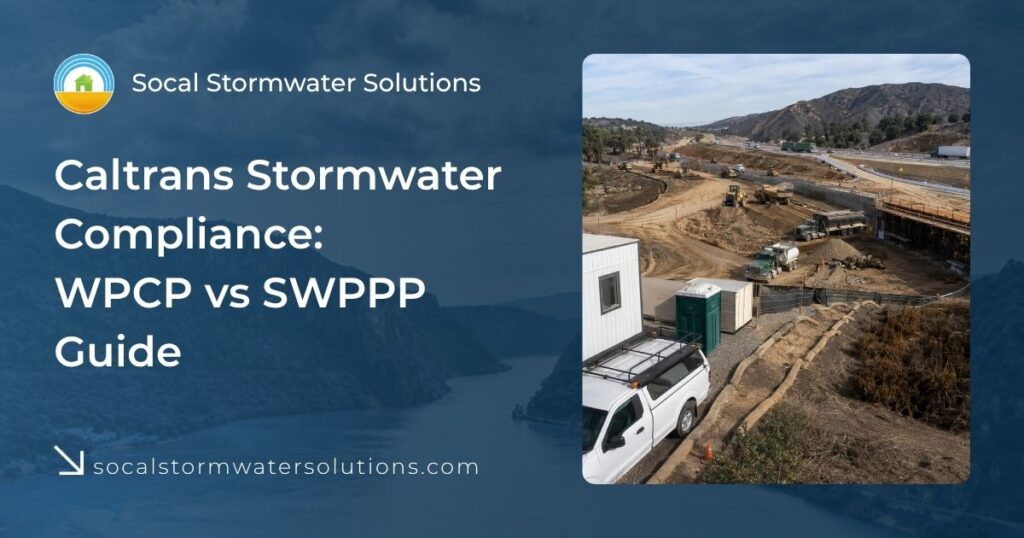 Caltrans Stormwater Compliance: WPCP and SWPPP Basics 64 Caltrans highway construction project with active earthwork, heavy equipment, temporary stormwater BMPs, and right-of-way operations illustrating WPCP and SWPPP stormwater compliance requirements.