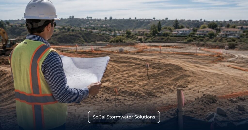 Stormwater compliance consultant reviewing construction plans at an active California job site to determine whether a WPCP, SWPPP, Construction General Permit, or agency-specific documentation may be required.