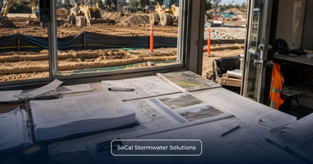California construction field office overlooking an active job site with SWPPP documents, engineering plans, and inspection records representing the distinct roles of QSDs and QSPs in stormwater compliance.