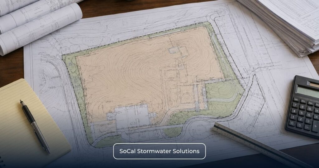 California construction site plan showing project boundaries and grading limits, illustrating the one-acre disturbance threshold used to determine Construction General Permit applicability.