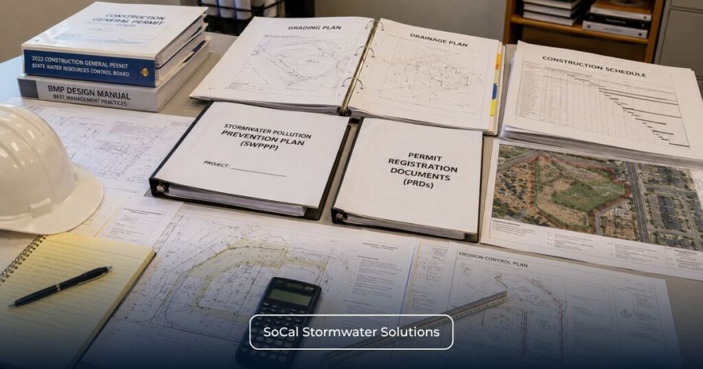 Construction planning desk displaying a SWPPP binder, permit registration documents, grading plans, drainage plans, and erosion control drawings required for California Construction General Permit compliance.