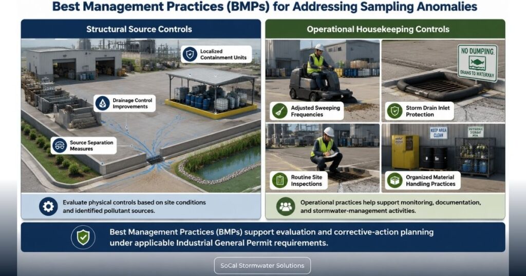 How to Handle a Numeric Action Level (NAL) Exceedance for Industrial Facilities in California 4 Industrial stormwater Best Management Practices (BMPs) for addressing sampling anomalies, showing structural source controls, drainage improvements, containment measures, storm drain protection, sweeping, inspections, and organized material handling practices.