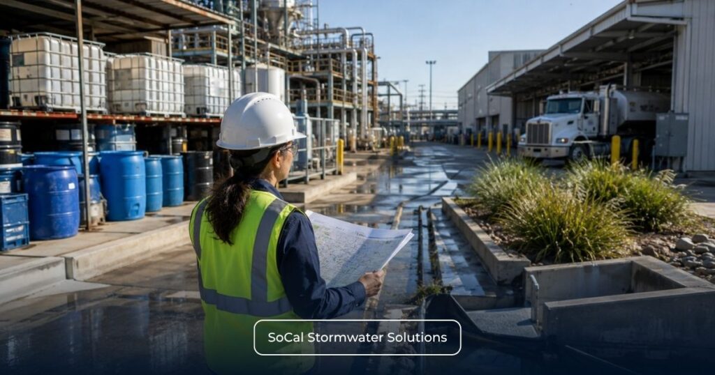 Environmental compliance specialist reviewing an industrial facility drainage map on site, illustrating ERA Level 1 evaluation data requirements under the California Industrial General Permit.