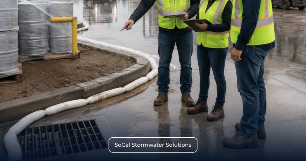 How to Handle a Numeric Action Level (NAL) Exceedance for Industrial Facilities in California 3 Environmental compliance team inspecting stormwater controls and discussing corrective actions around a facility storm drain during a hypothetical Industrial General Permit operational case study.
