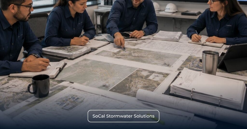 How to Handle a Numeric Action Level (NAL) Exceedance for Industrial Facilities in California 2 Industrial stormwater compliance team reviewing site maps, technical plans, and action strategies for a potential Level 2 status transition under California's Industrial General Permit.