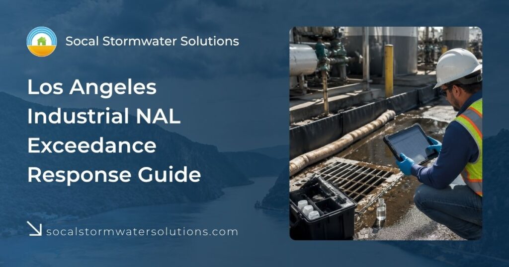 How to Handle a Numeric Action Level (NAL) Exceedance for Industrial Facilities in California 55 Industrial facility technician collecting stormwater samples and reviewing monitoring data during a Numeric Action Level (NAL) exceedance evaluation under California's Industrial General Permit.