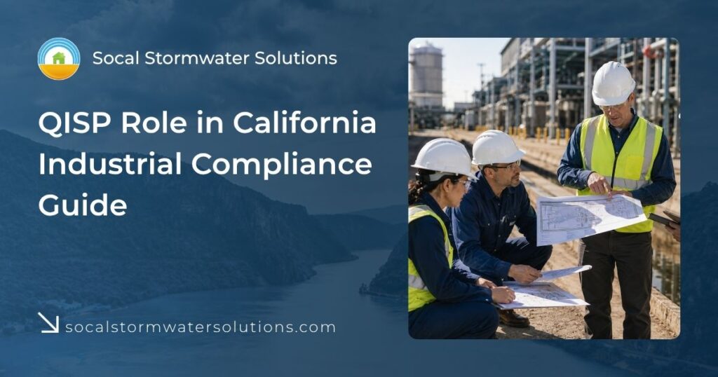 The Role of a QISP: Why Your Industrial Facility Needs a Qualified Practitioner 51 Environmental compliance professionals reviewing industrial facility plans, illustrating the role of a QISP in California industrial stormwater compliance.
