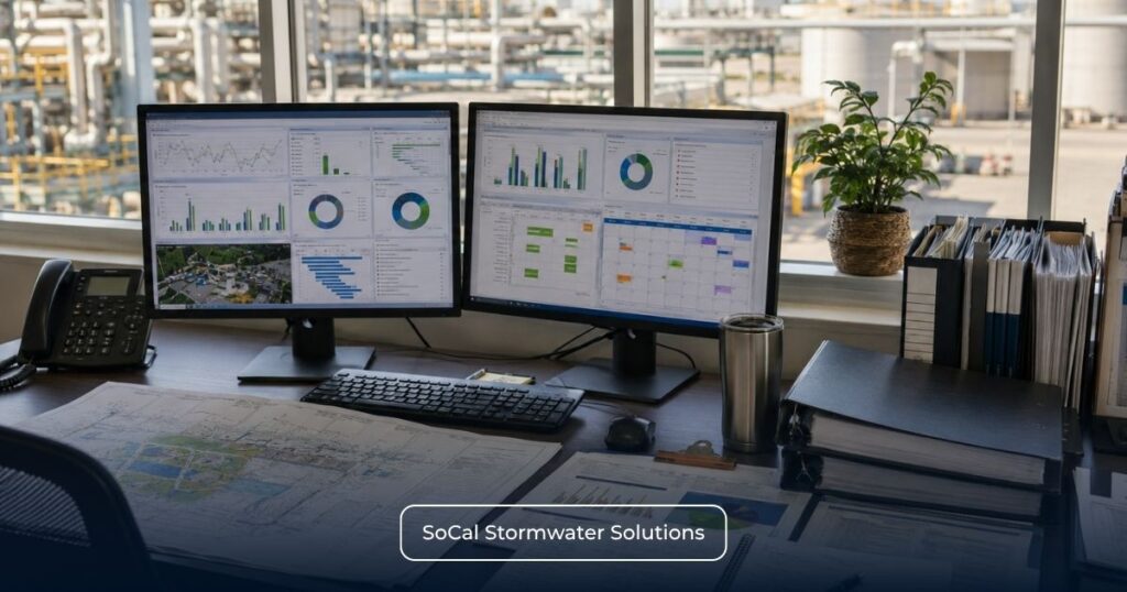 Industrial compliance workstation displaying monitoring dashboards, reporting schedules, and facility plans, illustrating the Exceedance Response Action timeline and SMARTS milestones.