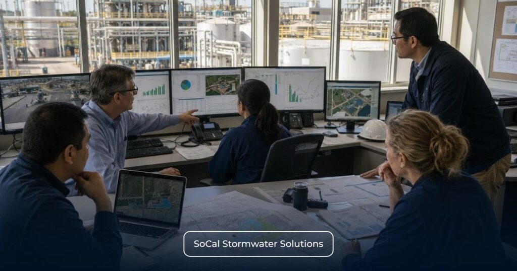 Environmental compliance team reviewing monitoring data and facility maps, illustrating the regulatory framework of the California Industrial General Permit.