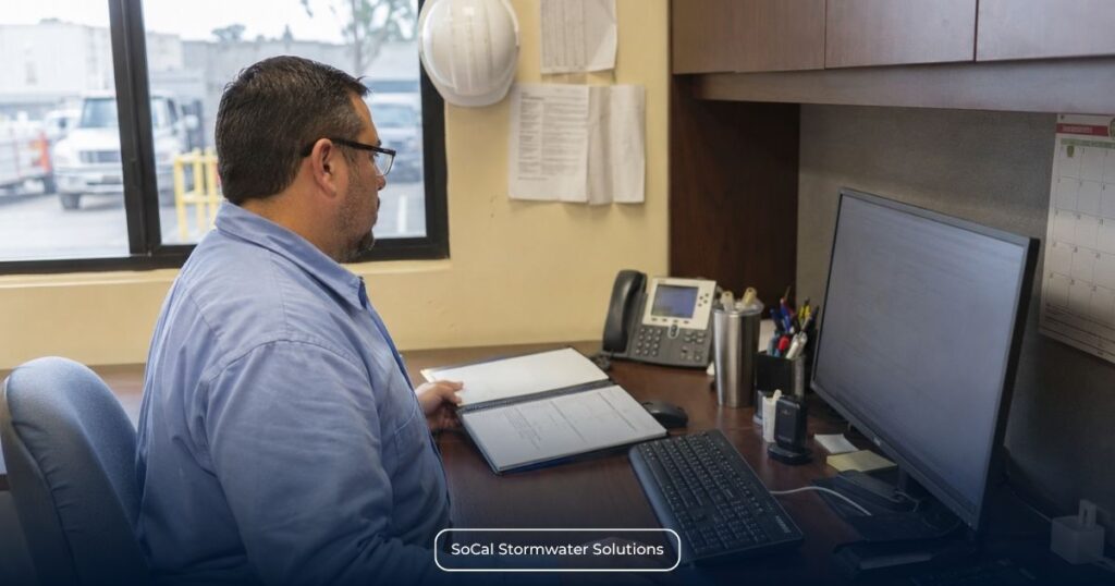 Industrial facility staff member reviewing the SMARTS Annual Reports screen and facility records to locate the correct report for filing.