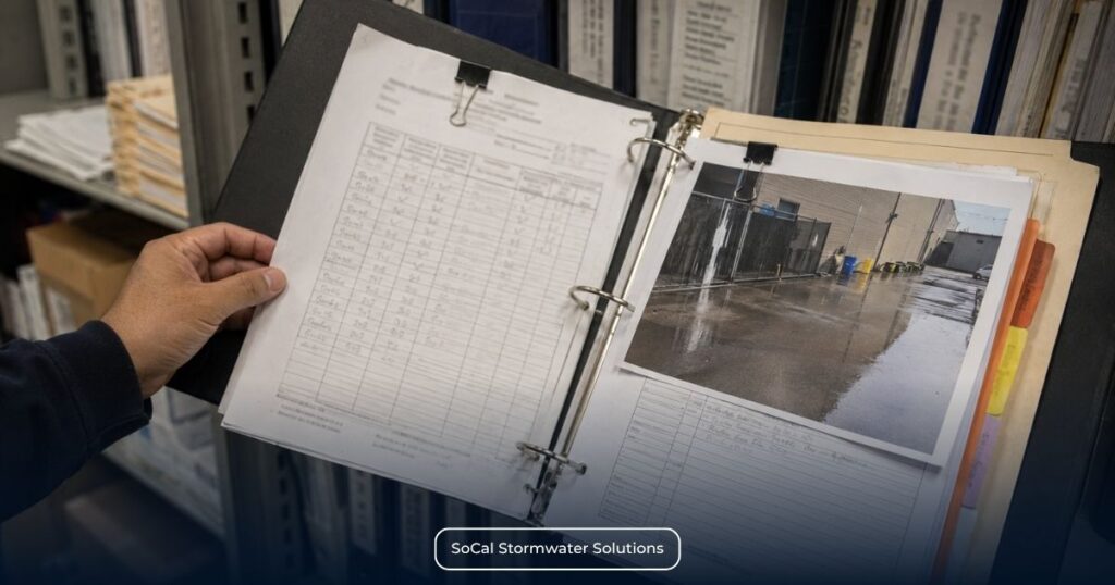 Staff member reviewing stormwater monitoring records and site photographs to identify inconsistencies before final SMARTS Annual Report certification.