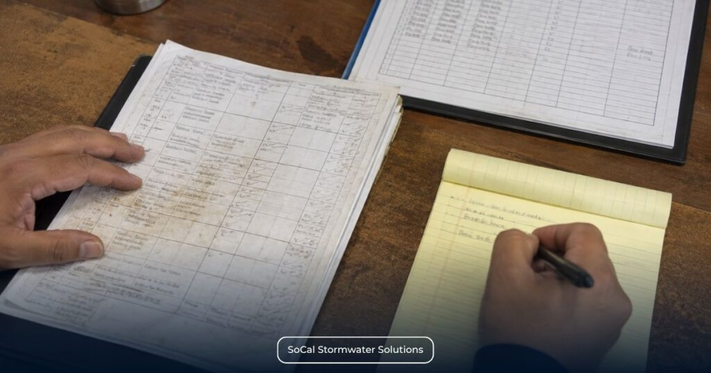 Staff member reviewing stormwater compliance records and writing notes to prepare clear, objective language for SMARTS Annual Report responses.