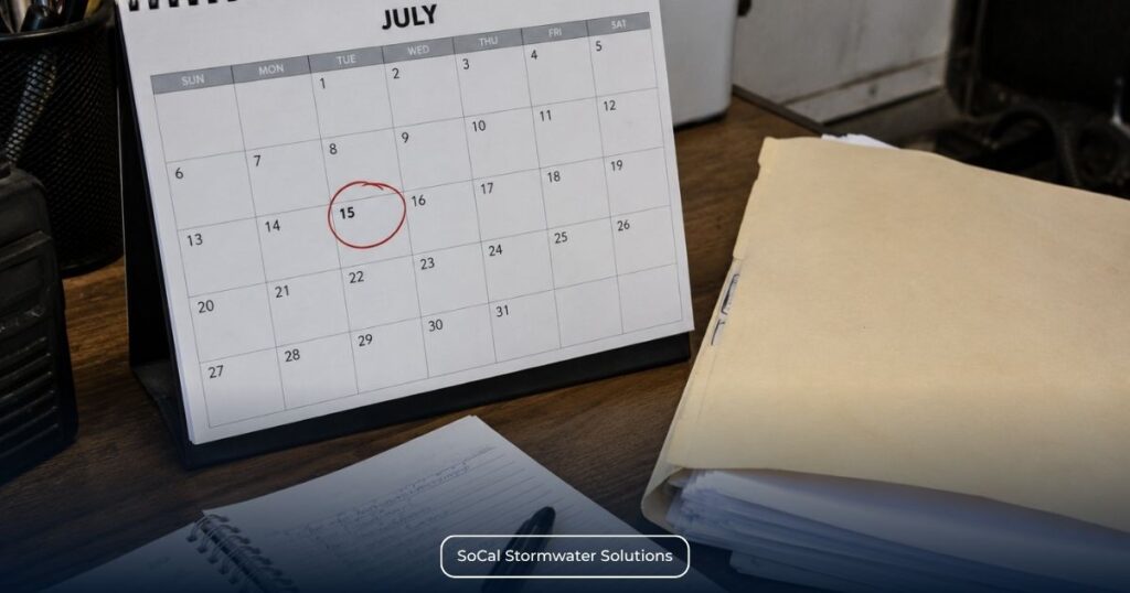 July 15 marked on a calendar beside reporting documents for the SMARTS Industrial General Permit Annual Report deadline.