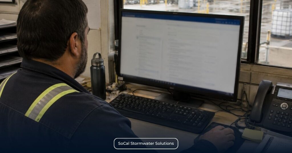 Industrial facility staff member navigating the SMARTS Annual Report system to review reporting information and complete the filing process.