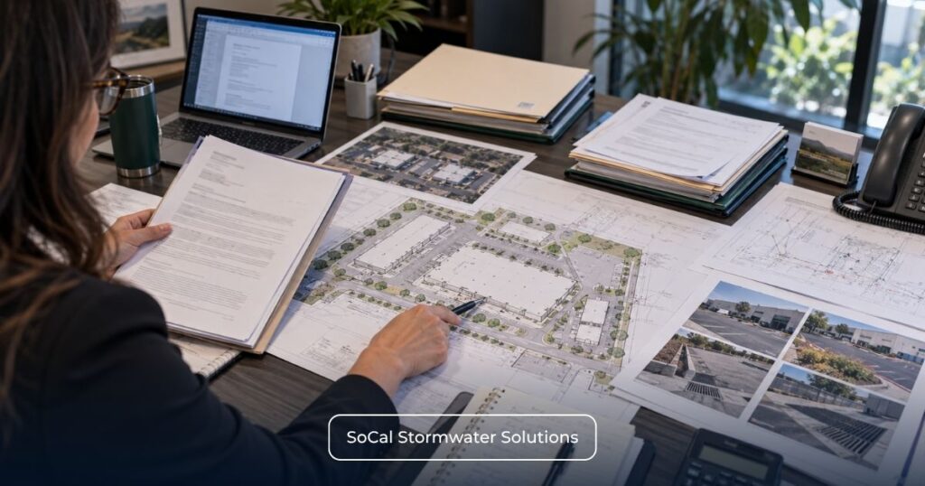 Reviewing site plans, stormwater infrastructure, and permit records to clarify CII Permit owner-versus-tenant responsibility before enrollment.