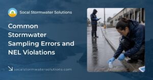 Stormwater professional collecting a runoff sample at an industrial facility during a rain event.