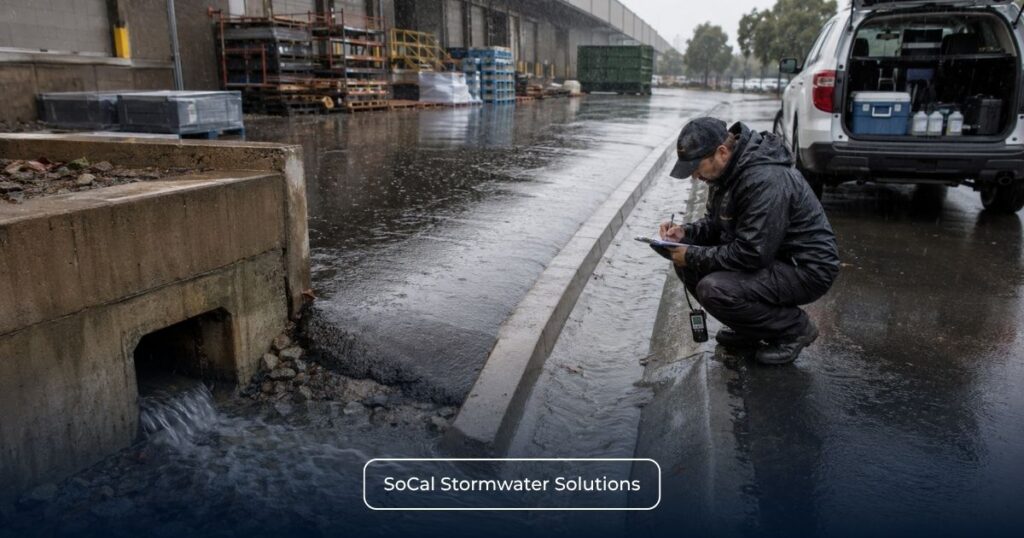 Stormwater inspector documenting industrial runoff during a qualifying storm event.