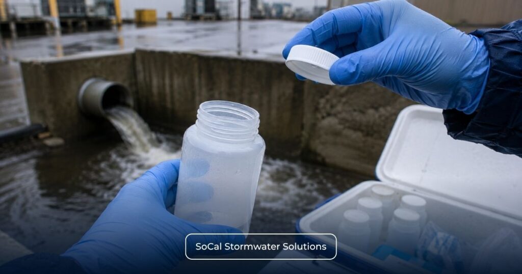 Gloved hands handling an open stormwater sample bottle and cap beside an industrial discharge point.