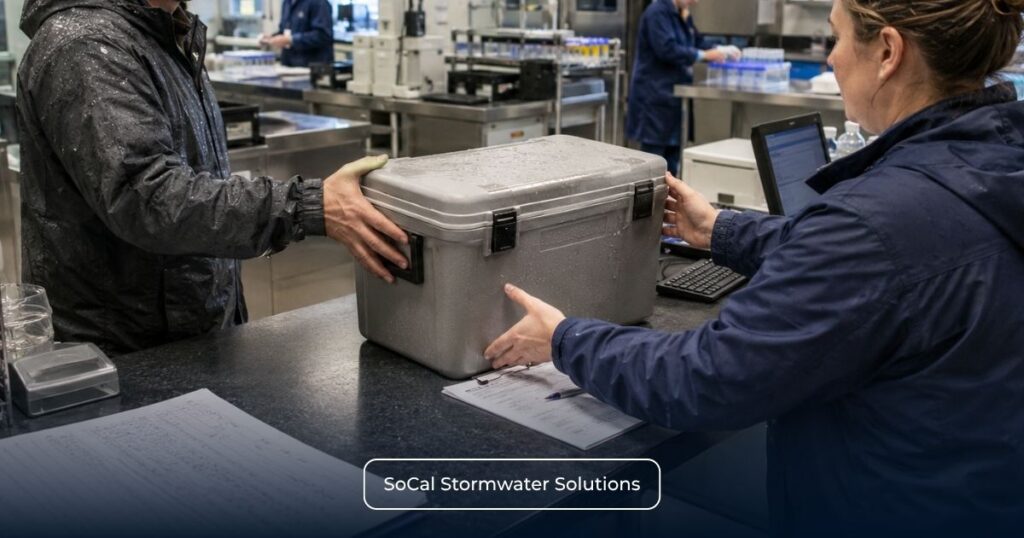 Stormwater sample cooler being transferred to a laboratory for temperature-controlled analysis.
