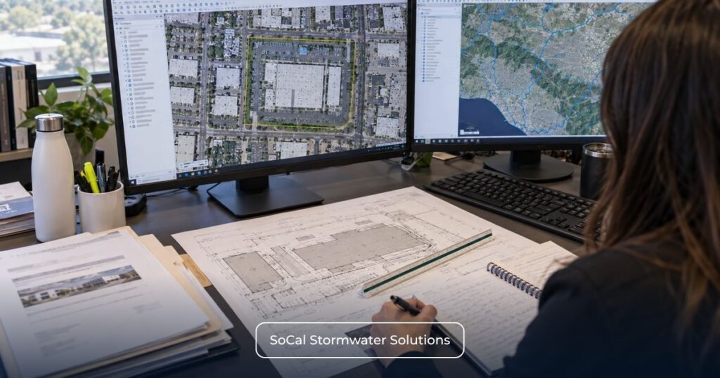 Environmental professional using GIS, parcel plans, and permit records to conduct a defensible 5-acre CII Permit applicability screen.