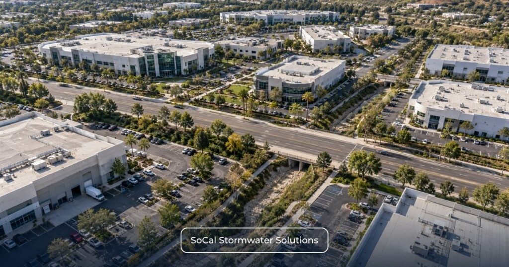 Aerial view of a multi-parcel commercial campus with shared areas requiring CII Permit coverage and responsibility analysis.