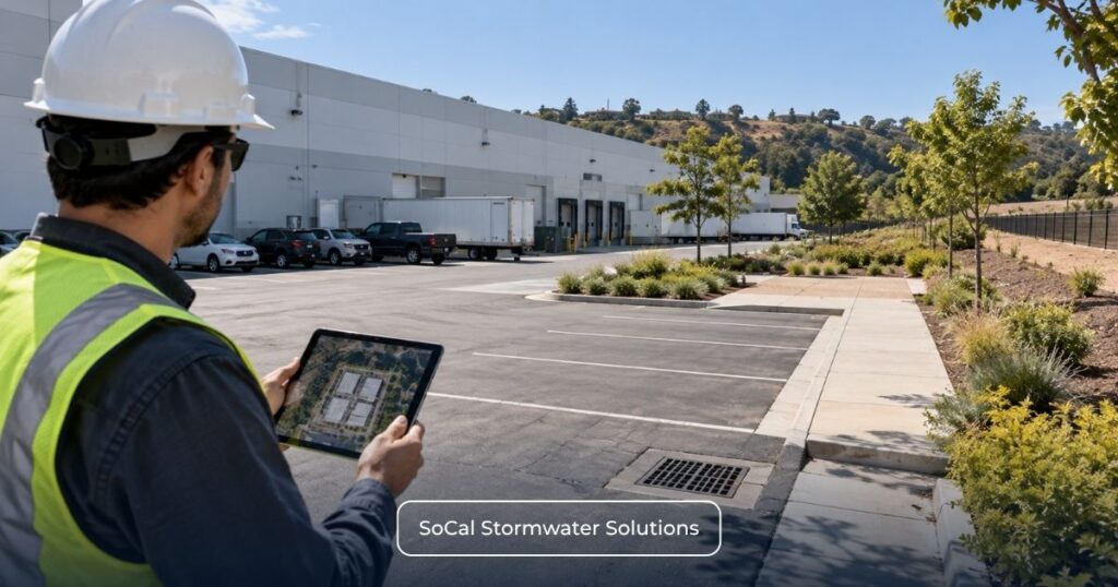 Stormwater professional evaluating impervious surface area for the Region 4 CII Permit 5-acre threshold.