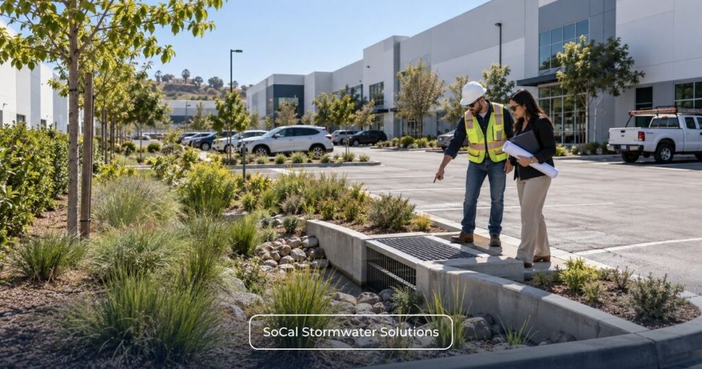 Property owner inspecting stormwater drainage infrastructure and structural controls to assess CII Permit Discharger responsibilities.