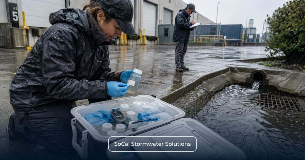 Stormwater professional labeling a sample bottle beside an industrial discharge point during rainfall.